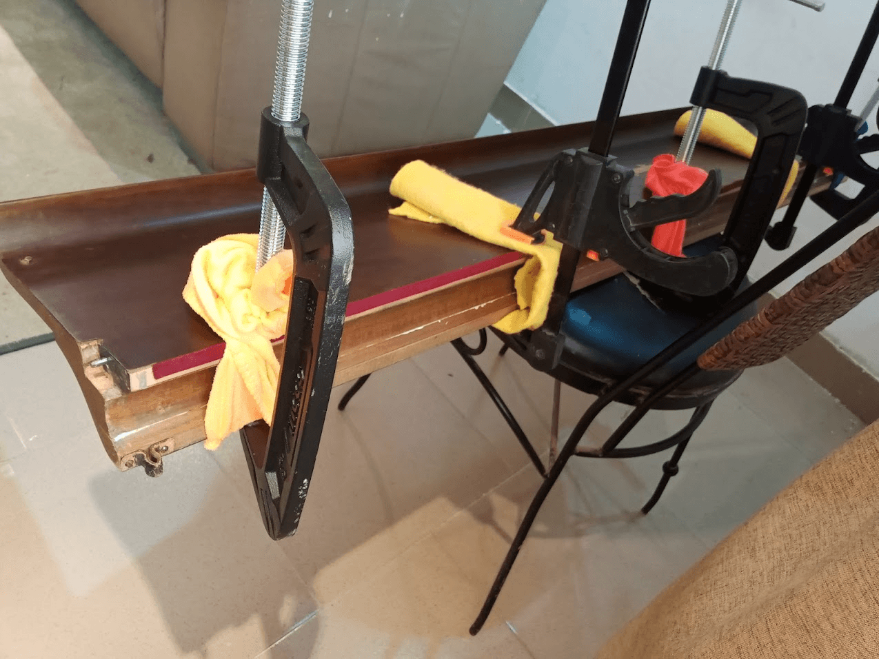 Fallboard clamped while glue cures